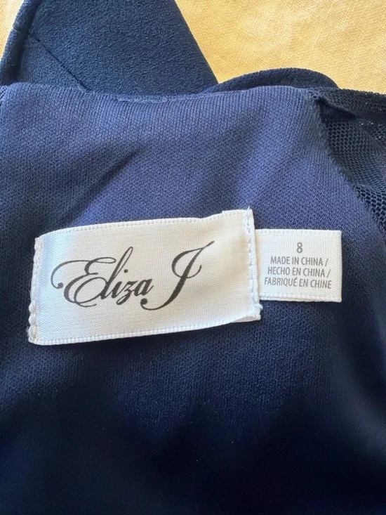 Eliza J Sheer Ruffle Shoulder Cocktail Dress Navy Midi Scuba Crepe Size 8 - Picture 4 of 11